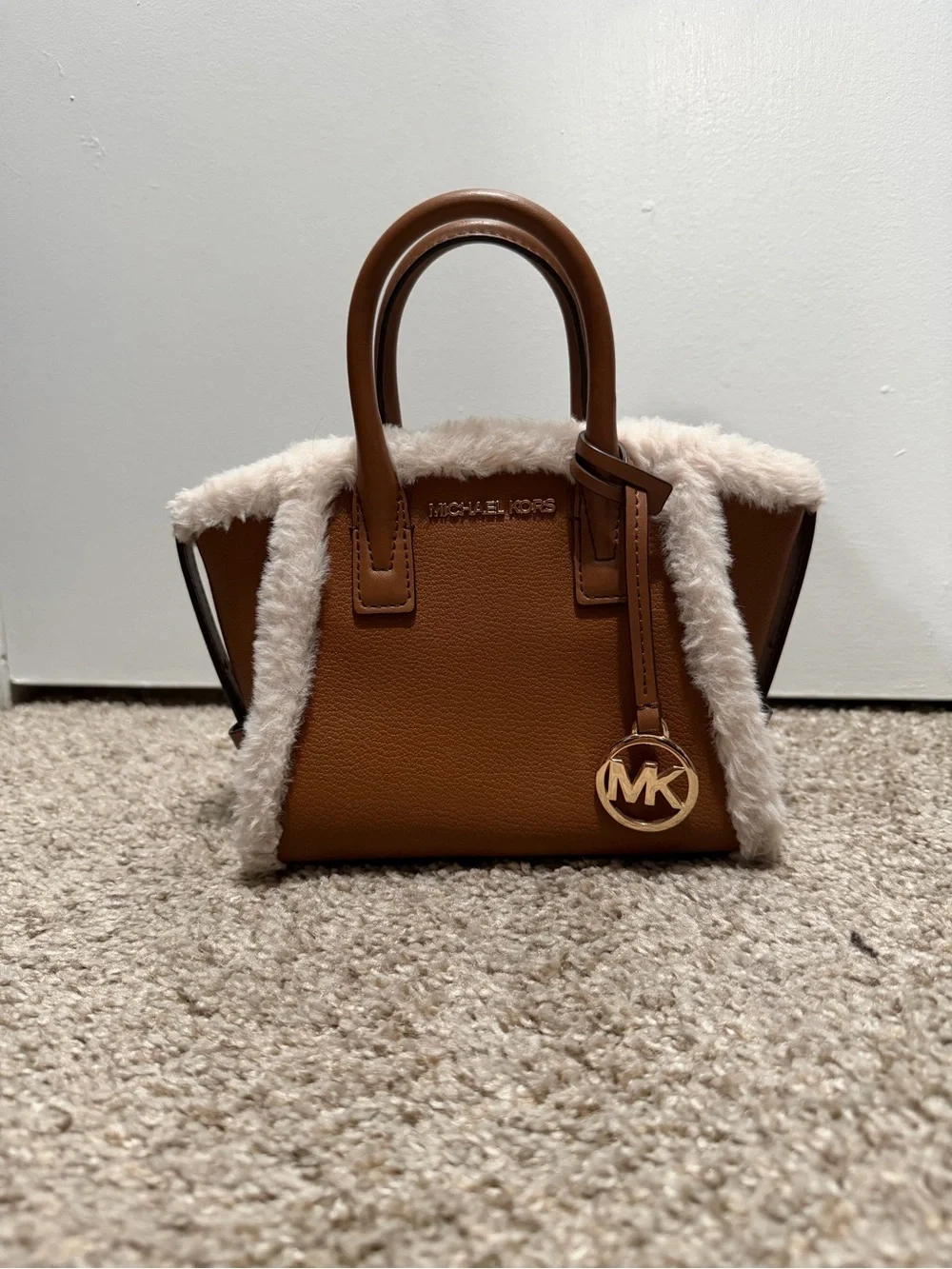 Michael Kors Mini Brown Mini Satchel with Cream Shearling Trim
